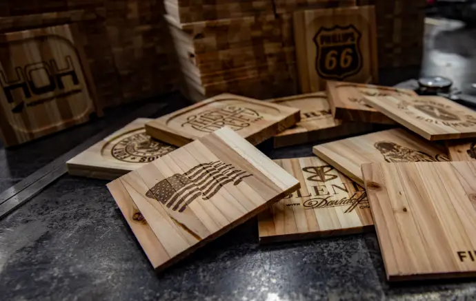 Bulk order of custom branded cedar coasters
